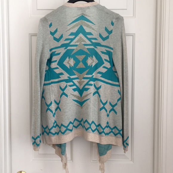 INC Women’s Cardigan Petite S Blue Geometric Aztec Fringe Tassels Long Sleeves - Picture 6 of 8